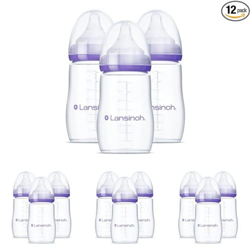 Lansinoh Anti-Colic Baby Bottles, BPA-Free Plastic, 8 Ounces, Medium Flow Nipples (Size M), Breastfeeding Bottle with NaturalWave Design, Baby Essentials (Pack of 12)
