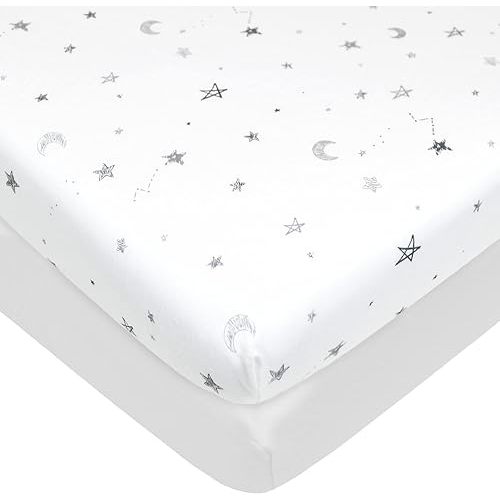 American Baby Company 2 Pack Printed 100% Natural Cotton Jersey Knit Fitted Pack N Play Playard Sheet, Gray Star and White, Soft Breathable, for Boys and Girls