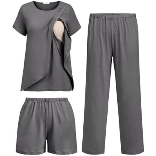 Ekouaer 3 PCS Maternity Nursing Pajamas Set Postpartum Breastfeeding Short Sleeve Shirts, Pregnancy Shorts & Pants Pjs S-XXL