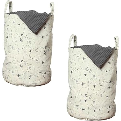 Ambesonne Airplane Print Laundry Bag Pack of 2, Minimalist Modern Pattern of Traveling Themed Silhouettes Simple Ornament, Hamper Basket with Handles Drawstring Closure, 13" x 19", Cream Grey