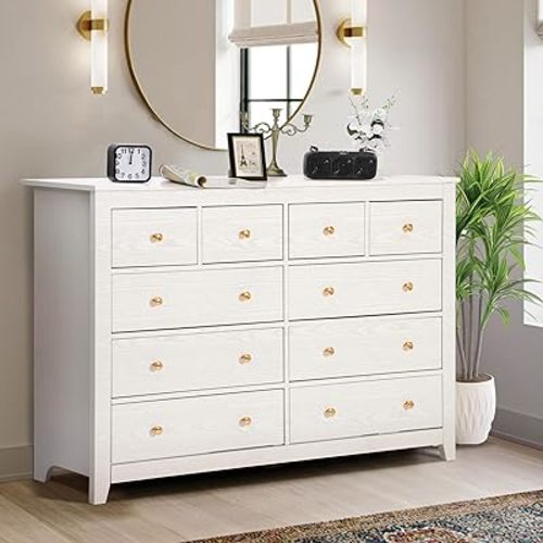 TITIMO 10 Drawer White Dresser for Bedroom,Wood Chest of Drawers with Smooth Metal Rail,Large Dressers,Modern Bedroom Dressers with 10 Drawers Cabinet TV Stand (White)