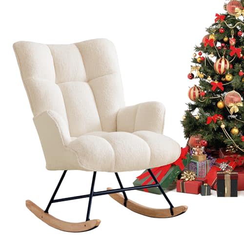 Zedachica Rocking Chair Nursery Teddy Upholstered Glider Rocker Rocking Accent Chair Padded Seat with High Backrest Armchair Comfy Side Chair for Living Room Bedroom Offices (Ivory Teddy)