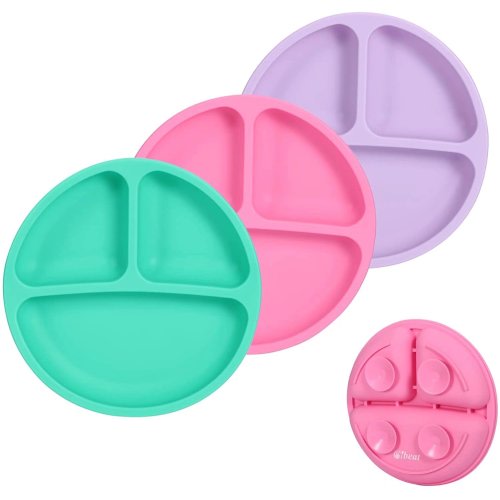 Cibeat 100% BPA-Free Silicone Suction Plates for Baby, 3 Pack Portable Divided Plates for Kids, Toddlers, Dishwasher, Microwave and Oven Safe(Purple/Green/Pink)
