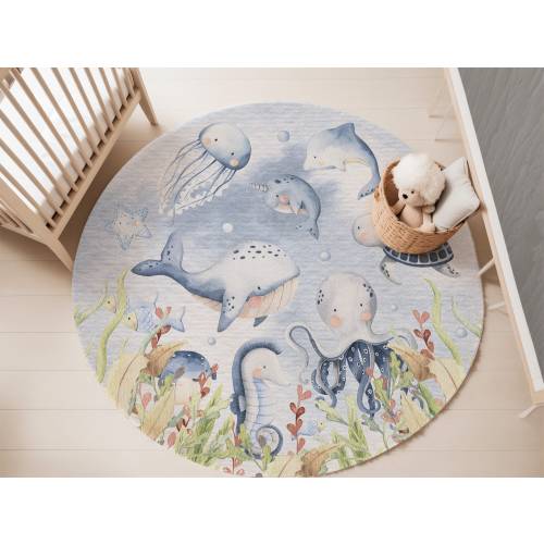Under the sea Nursery Rug, Ocean Nursery Decor, Sea Animals round rug, Kids play room rug, Area rug for boys room, underwater round rug LiO