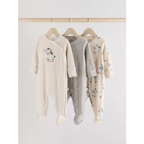 Grey 3 Pack Zebra 100% Cotton Baby Sleepsuits (0-2yrs)
