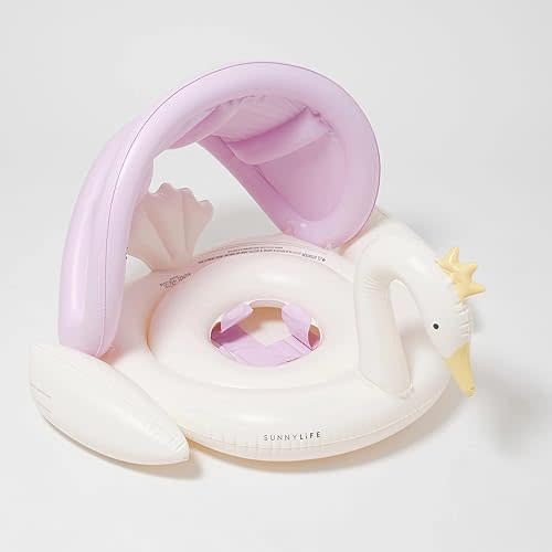 SUNNYLiFE Baby Float - Princess Swan Multi. Designed for Babies Aged 1-2 or 24-33lbs. with Removable Sun Canopy, Soft Leg Supports and Inflatable Head Rest for Comfort. Durable Non-Toxic PVC