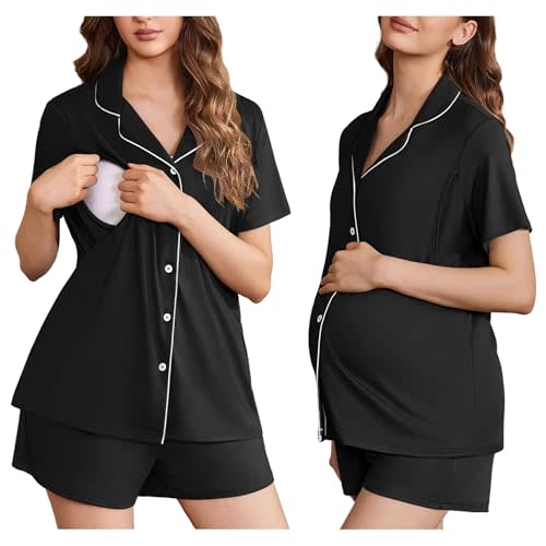 Ekouaer Women's Maternity Nursing Pajama Sets Button Down Postpartum Pajamas Short Sleeve Breastfeeding Clothes