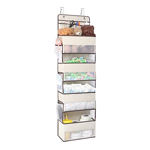 Univivi Over Door Hanging Organizers and Storage Nursery Closet Cabinet Baby Storage with 4 Large Compartments 2 Small PVC Pockets with 6 Side Pockets for Cosmetics, Toys and Sundries (Beige)