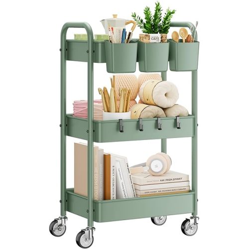 YASONIC 3-Tier Rolling Cart, Green, 66 Pounds Capacity, Mesh Storage Organizer with Lockable Wheels, 3 Hanging Cups, 4 Hooks, Easy Assembly, for Kitchen, Bathroom, Laundry, Grocery