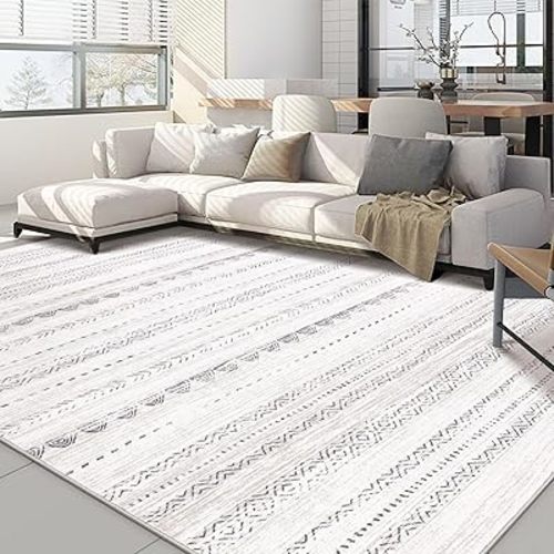 Area Rug Living Room Rugs: 5x8 Large Soft Machine Washable Boho Moroccan Farmhouse Neutral Stain Resistant Indoor Floor Rug Carpet for Bedroom Under Dining Table Home Office House Decor - Grey