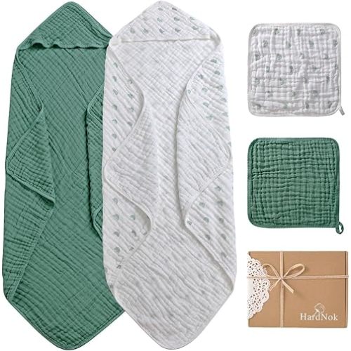 Baby Bath Towels Muslin 4 Pack, Premium Muslin 6 Layers Natural Cotton Baby Bath Towels, Soft and Comfortable for Boys,Girls (Boho Rainbow Green) (32 x 32)