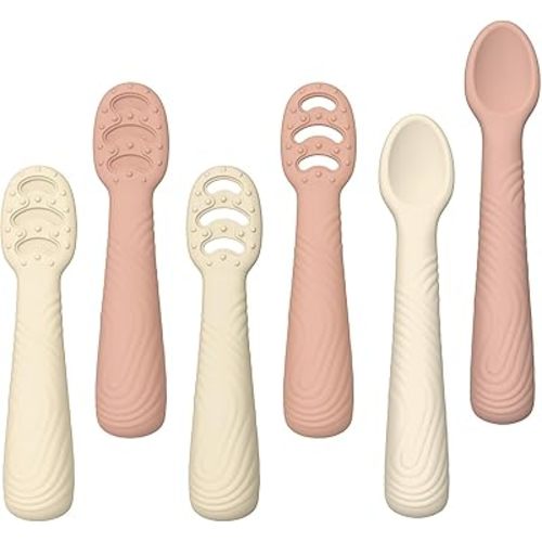 Baby Spoons Self-Feeding 6+ Months, 6 Pack Silicone Training Spoon Set for Baby Led Weaning, 3-Stage & Easy Grip First Utensils for Toddlers Learning Eating Essentials, Dishwasher Safe (Cream Earth)