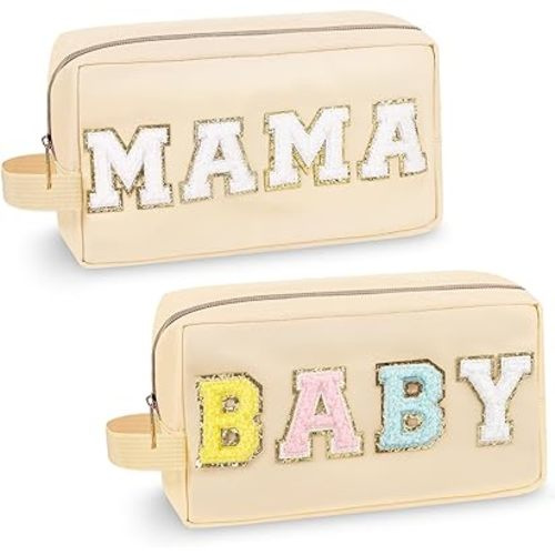 2 Pack Chenille Letter Makeup Bag Mama Baby Pouch, Nylon Preppy Patch Initial Makeup Bag Small Travel Make Up Zipper Pouch with Handle, Waterproof Travel Baby Toiletry Bags for Women Girls(MAMA+BABY)