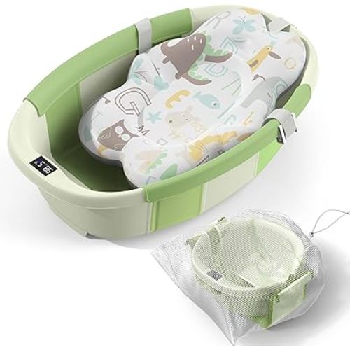 Collapsible Baby Bathtub - Large Baby Bath Tub with Thermometer & Cushion | Travel Portable Newborn Infant Bathtub | Foldable Toddler Bathtub for Baby 0 to 36 Months (Green)