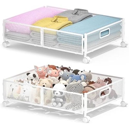 Under Bed Storage with Wheels, Under Bed Shoe Storage Organizer Drawer, Underbed Storage Containers for Bedroom Clothes Shoes Blankets (2 pack, White)