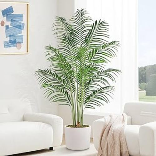 6ft Tall Fake Palm Tree with 18 Trunks and Real Bark Design, Green, Premium Polyester, 9.2 lbs