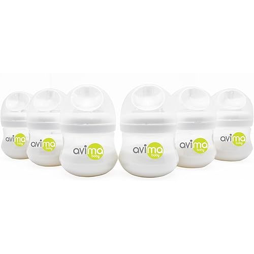 Avima Baby 4 oz Anti Colic Baby Bottles for Breastfed Babies - Slow Flow Nipples, Wide Neck Bottle, BPA Free - Newborn 0-3 Months, Stage 1 (Set of 6)
