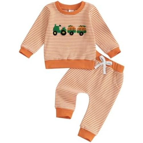 Toddler Baby Boy Halloween Outfit Long Sleeve Pumpkin Tractor Embroidered Stripe Waffle Knit Sweatshirt and Pants Set
