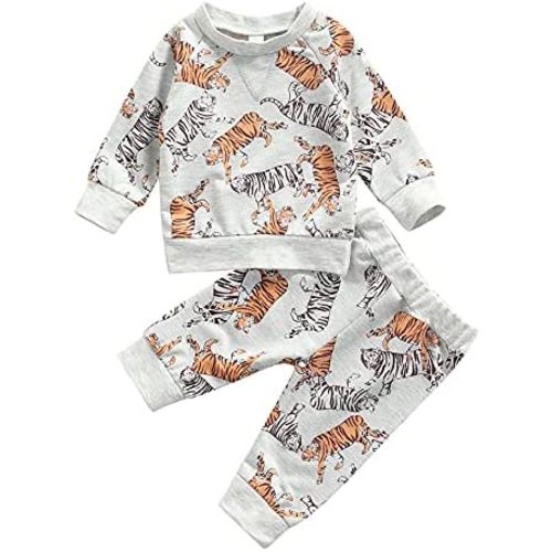 Ledy Champswiin 2pcs Winter Newborn Baby Boy Clothes Infant Dinosaur Print Outfit Ribbed Long Sleeve Tops Pants Set