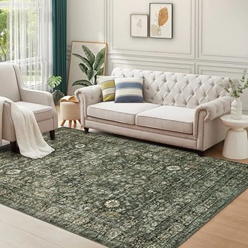 Morebes Vintage Large Rugs for Living Room, Washable 8x10 Area Rugs Non Slip,Soft Dark Green Rug for Bedroom,Distressed Non-Shedding Throw Rug for Entryway Kitchen Foyer Playroom