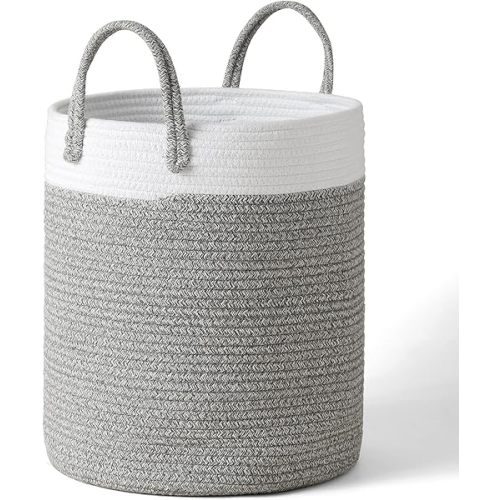 LA JOLIE MUSE Woven Rope Basket Hamper, Tall Cotton Laundry Basket 16 x 14 x 14 Inches, Clothes Blanket Storage Baskets for Living Room Nursery Bedroom Bathroom, White & Gray