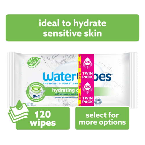 WaterWipes Hydrating Clean 99% Water-Based Aloe Vera Baby Wipes, 2 Resealable Packs (120 Wipes)