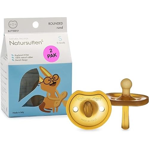 Natursutten Pacifiers 0-6 Months - 2-Pack Butterfly Shield Round Nipple Natural Rubber Safe & Soft BPA-Free Pacifiers for Breastfeeding Babies - Newborn Pacifiers Made in Italy