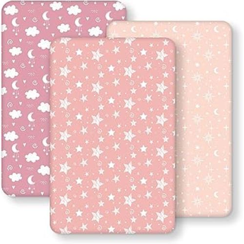 Baby Bedside Bassinet Sheets Fitted, 33”x20” Compatible with Baby Delight Dream On Me & Most Rectangle Bedside Sleeper Bassinet Mattresses, Super Soft Microfiber Pink Stars