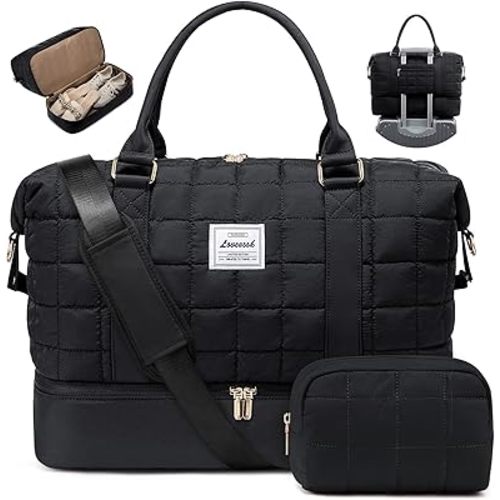 LOVEVOOK Travel Duffel Bag - Versatile Weekender Bag for Women, Puffer Carry On & Overnight Bag for Short Trips, Black