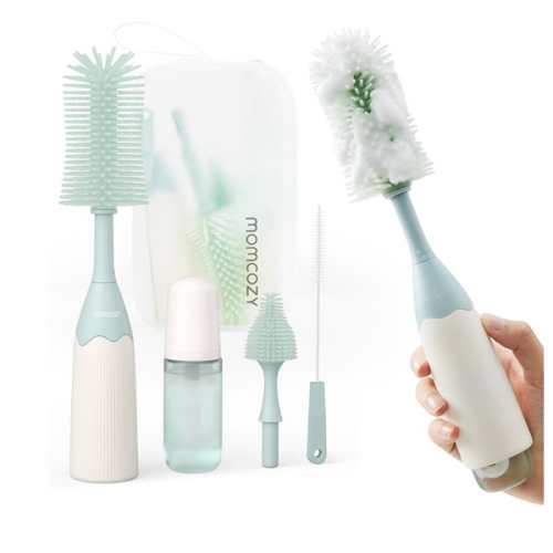 Momcozy Bottle Brush Kit, Innovative Push-Press Design for Better Cleaning - Baby Bottle Cleaner Brush for Baby Bottle, Breast Pumps, Nipples, and More - Can Generate Foam for Better Cleaning, Green