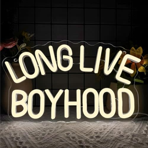 Foxiden Long Live Boyhood Neon Signs for Wall Decor,Dimmable Boys Room Neon Sign,Usb Powered Kids LED Neon Light for Nursery Man Cave Kids Room Bedroom Birthday Gifts(12.4 * 7in), White