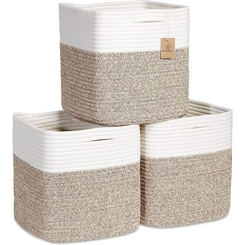 NaturalCozy Storage Cubes 11 Inch Cotton Rope Woven Baskets for Organizing, 3-Pack | Cube Bin Square Shelves Organizer, Classroom, Kids Toy Bins, Closet, Baby Nursery - Off White & Mixed Brown