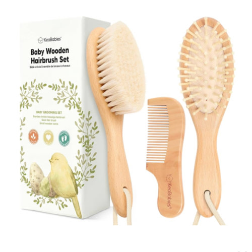 Baby Hair Brush and Comb Set for Newborn - Wooden Baby Hair Brush Set with Soft Goat Bristle, Baby Brush Set for Newborns Baby Brush and Comb Set Girl, Boy, Toddler Cradle Cap Brush (Oval, Walnut)