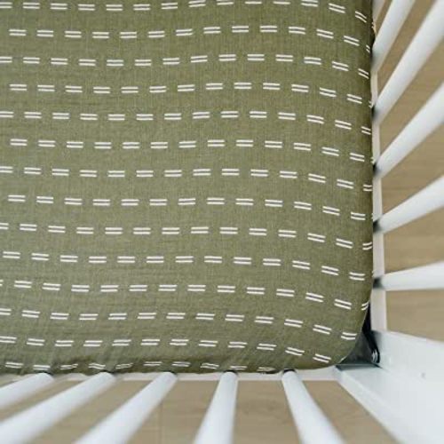 Olive Strokes Muslin Crib Sheet by Mebie Baby, Soft and Breathable Bed Sheets for Babies, Modern Neutral Bedding for Cribs, Standard Crib Mattress Fitted Sheet, Great for Boy or Girl Room or Nursery