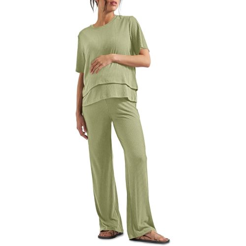 Tankaneo Womens Postpartum Maternity Pajamas 2 Piece Sets Rib Short Sleeve Nursing Tops and Elastic Waist Pants Loungewear