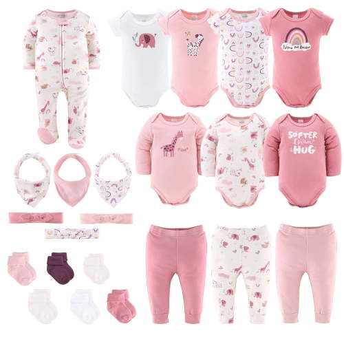 The Peanutshell Layette Gift Set for Baby Girls, 23 Essential Pieces, Pink Rainbow Safari Animals, 0-3 Months