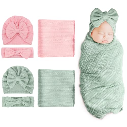 DRESHOW BQUBO Newborn Receiving Blanket Headband Hat Set for Baby, Unisex Baby Boys Girls Essentials, Newborn Registry Must Haves, Stroller Crib Shower Gifts