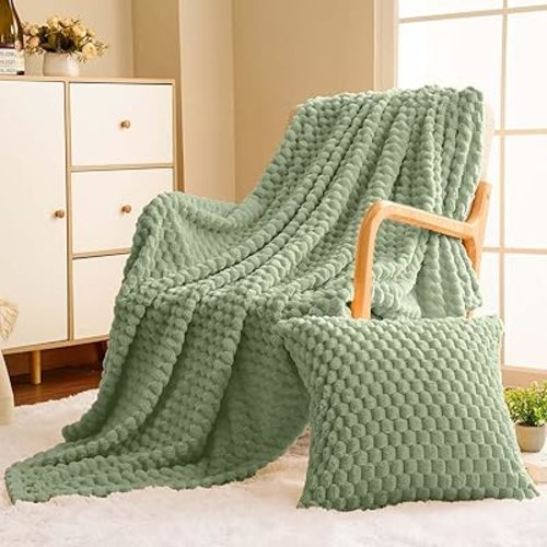 Vessia Flannel Fleece Throw Blanket(50x71inch) with Pillow Cover(18x18Inch), 3D Jacquard Sage Green Fuzzy Blanket for Couch,Sofa,Bed,Chair, 300GSM Super Soft Cozy Lightweight Throw for All-Season