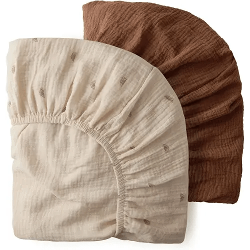 Pack N Play Sheets Fitted for Pack and Play Mattress and Mini Cribs, Muslin Cotton, 2 Pack (Sunshine&Brown)
