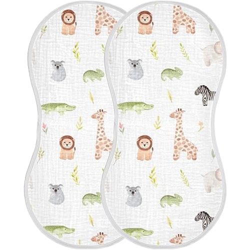 Muslin Baby Burp Cloths Set of 4, Soft Absorbent Safari Animals Muslin Washcloths, Bibs, Face Towel for Newborn Boys Girls, 22 x 11 Inch