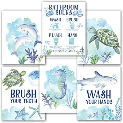 6 Reversible Ocean Bathroom Decor Wall Art 8x10 - Seashell Bathroom Decor for Bathroom Pictures Wall Decor, Wall Decorations for Bathroom Artwork for Wall, Bathroom Rules, Sea Turtle Bathroom Decor