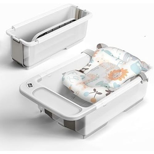 Collapsible Baby Bathtub - Large Capacity Baby Bath Tub with Thermometer & Soft Cushion | Portable Travel Newborn Infant Bathtub | Foldable Toddler Bathtub for Baby 0 to 36 Months (no Stand)
