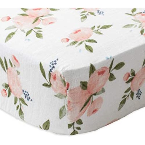 Little Unicorn Watercolor Roses Fitted Crib Sheet | 100% Cotton Muslin | Super Soft | Sized for Standard Baby Crib & Toddler Mattress | Machine Washable | 52” x 28” x 9”