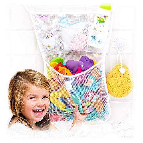 Original Tub Cubby Bath Toy Storage for Baby Toys with Suction & Adhesive Hooks, 14x20" Mesh Net Shower Caddy for Bathtub Toys, 36 ABC Soft Foam Letters & Numbers - Bonus Rubber Duck & Hooks