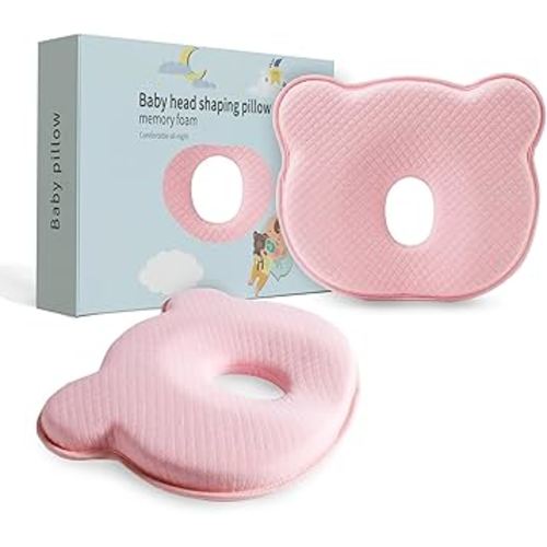 Soft and Breathable Baby Pillow with Memory Foam and Bear Design (Pink)