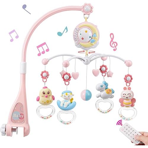 BOBXIN Baby Musical Crib Mobile for Bassinet with Projector and Night Light,150 Music,Timing Function,Take Along Mobile Musical Box and Rattle,Toy for Newborn Girls Boys