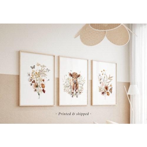 Baby highland cow nursery wall art, floral cow nursery wall art, highland cow wildflower watercolor prints, wildflowers print, farm print
