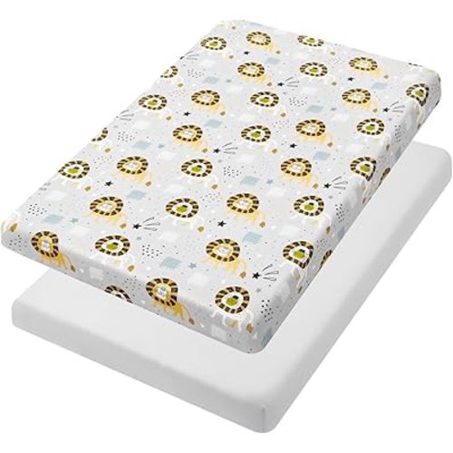 TILLYOU Mini Crib Fitted Sheets - Soft Knit Sheet for Pack N Play, Microfiber Mini Crib Sheets, Playpen Bedding Sheet for Baby 2 Pack, Machine Washable, 38'' x 24'', Lion's Paradise and Grey
