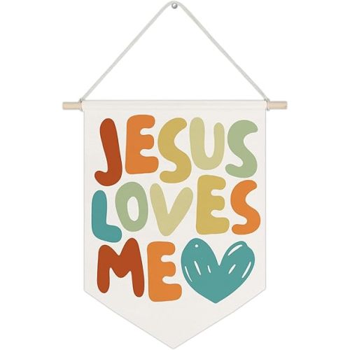 WUCHJ Christian Nursery Canvas Wall Banners, Jesus Loves Me Bible Verses Hanging Display Pennant Flags, Colorful Religious Inspirational Wall Decor for Kids Toddler Nursery Bedroom Playroom 11x14 Inch