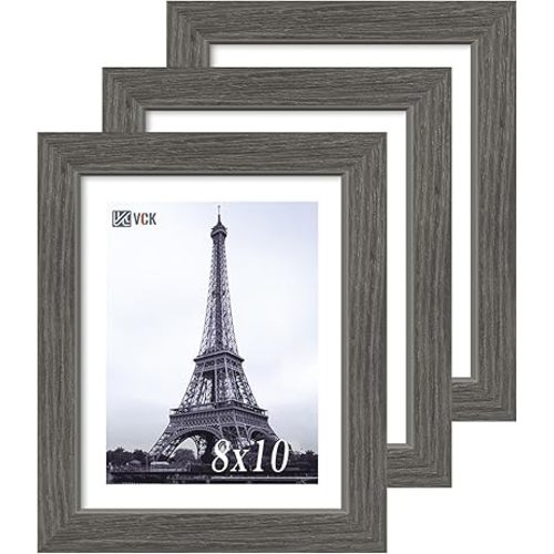 VCK 8x10 Picture Frame 3 Pack, Gray Solid Wood Frame, Exclusive Wood Grain, Wall Gallery Frame